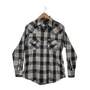 PLAINS WESTERN WEAR Shirt Men's Medium Gray White Striped Pearl Snap Long Sleeve